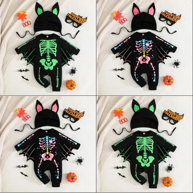 

Girls Long Leg Onesie Halloween Cute Funny Novel Baby Romper Kid Bat Shape Jumpsuit Hat Two Piece Children Animal Shape Outfit