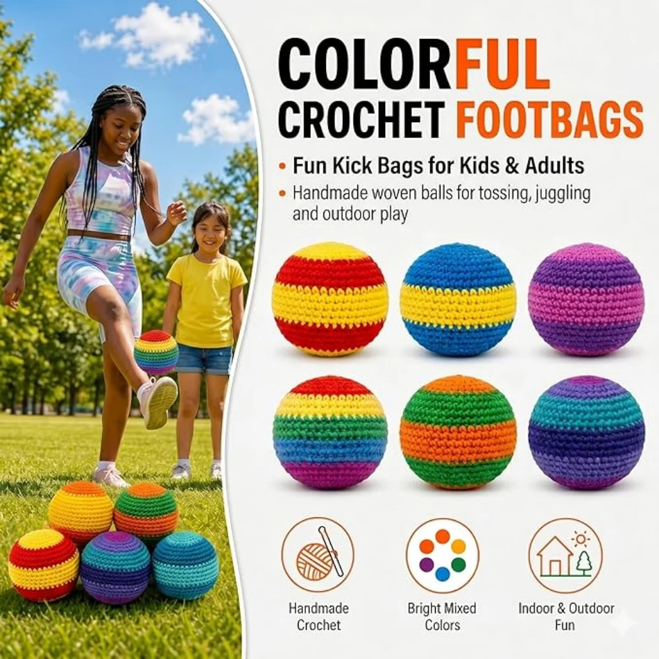 

6PCS Rainbow Crochet Kickball Set Colorful Handmade Woven Lightweight Portable Outdoor Game Balls for Backyard Beach