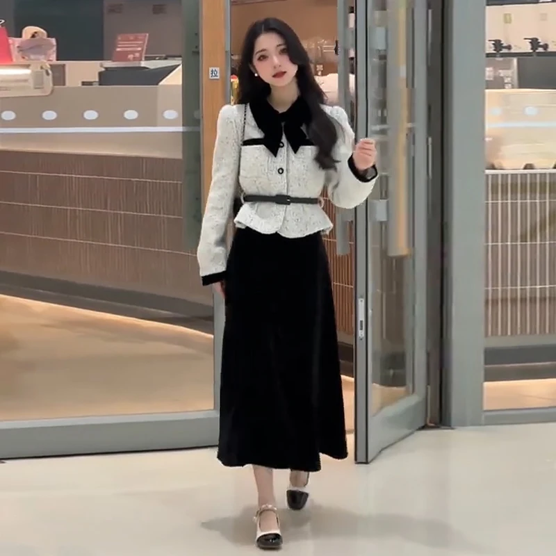 

UNXX Elegant Ladylike Bow Dress Women's Clothing Autumn Winter 2023 New Classy Half-length Long Skirt Two-piece Set High Quality