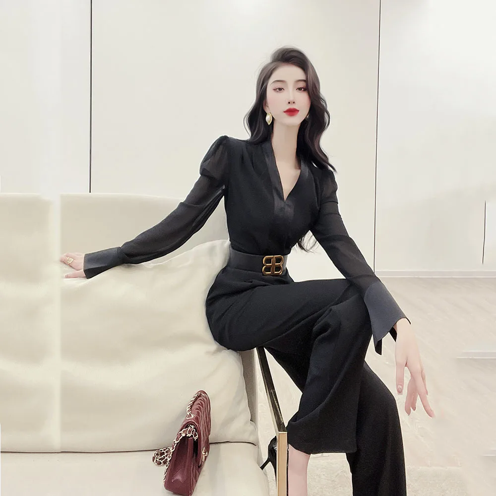 Jumpsuit Musim Gugur 2023 Romper Lurus Kerja Wanita Kantor Hitam Pinggang Tinggi V-Neck Fashion Wanita Baju Bermain Bisnis Profesional