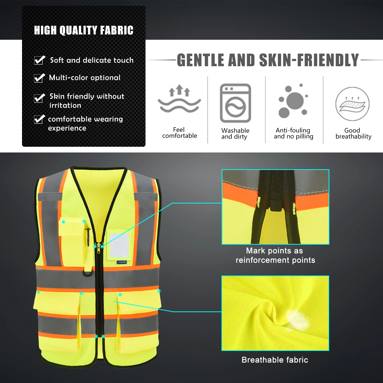 AYKRM High Visibility Safety Vest with Pockets Reflective Strips and Zipper,Yellow Orange(XS-6XL)