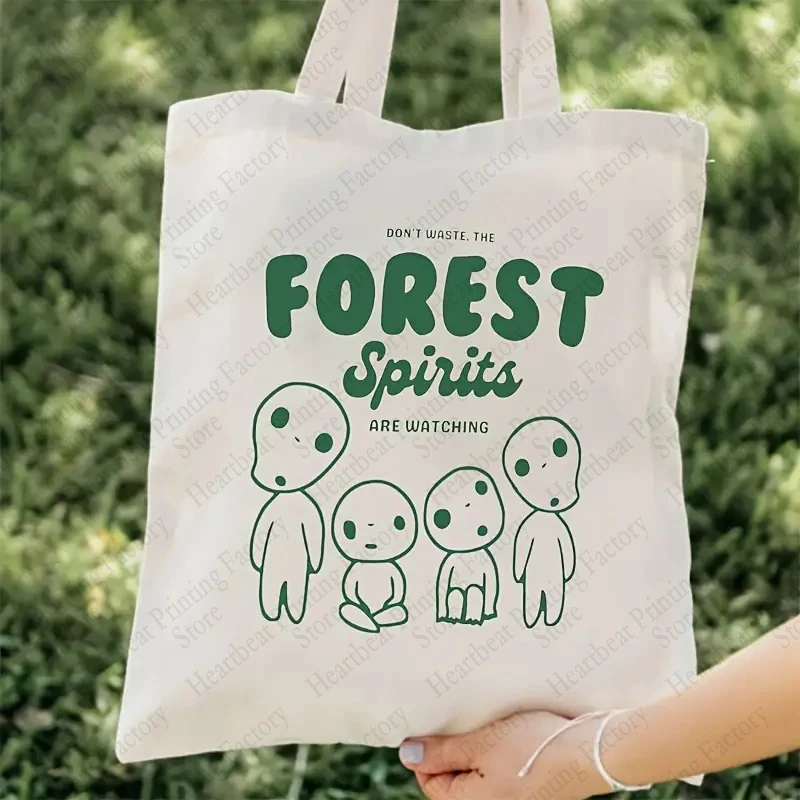 Vintage Nature Character Tote Bag, 'Forest Spirits Are Watching' Print, Eco-friendly Casual Shoulder Bag