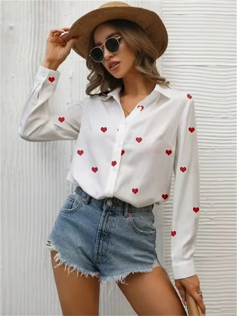Love heart Pattern Print Women\'s Blouses Fashion Elegant Lapel Long Sleeve Shirt Spring New 2025 Women\'s Single Breasted Shirts