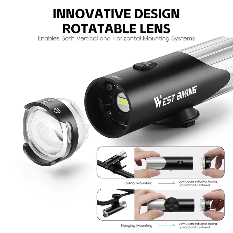 WEST BIKING Bike Front Light Light IP66 Rainproof 1300/1600/2000LM Cycling Headlight Type-C Charging Flashlight Bicycle Light