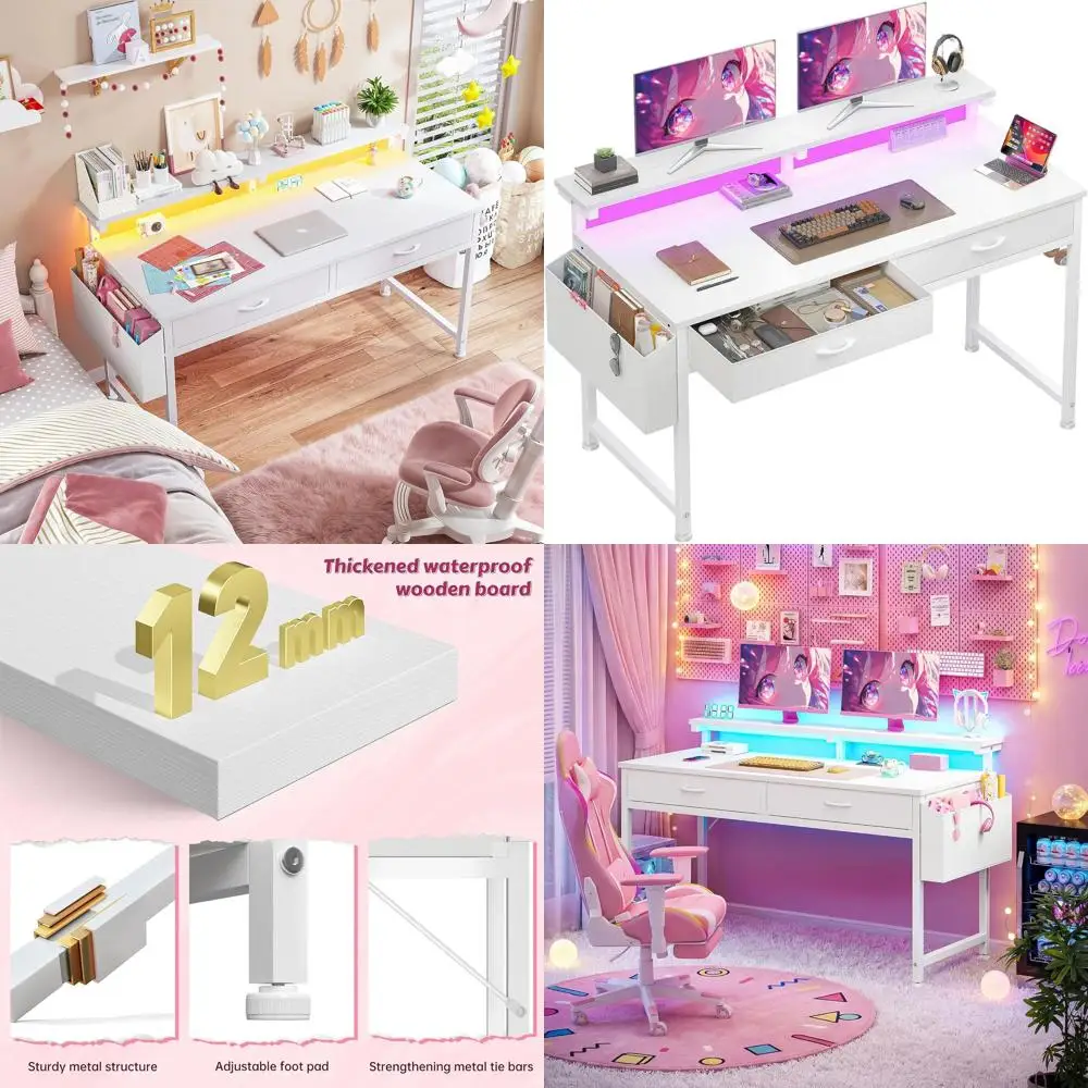 

White 47.3 LED-lit Computer Desk with 2 Drawers, Home Office Desk with Side Shelf, Gaming Desk, Study Writing Table for Small Sp