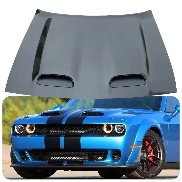 

Hood for 2008-2023 Dodge Challenger Hellcat Style Black Hood Aluminum Challenger SRT Dual Snorkel VS Air Grabber Hood