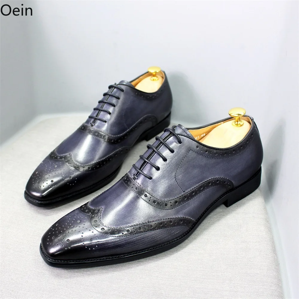 Mens Wingtips Shoes Genuine Leather Wedding Shoes Brogues Carved Lace Up Party Casual Dress Shoes Retro