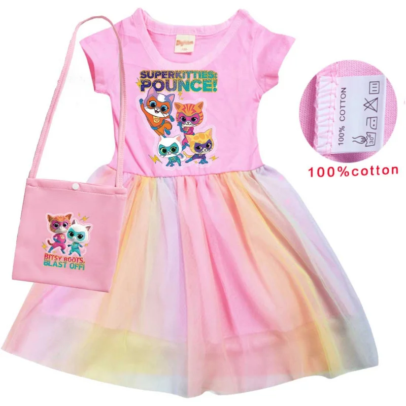 Para Meninas Vestidos Cosplay Super Kitties Vestidos com Saco e Headband para SuperKitties Traje Meninas Mangas Curtas Vestido A-Line