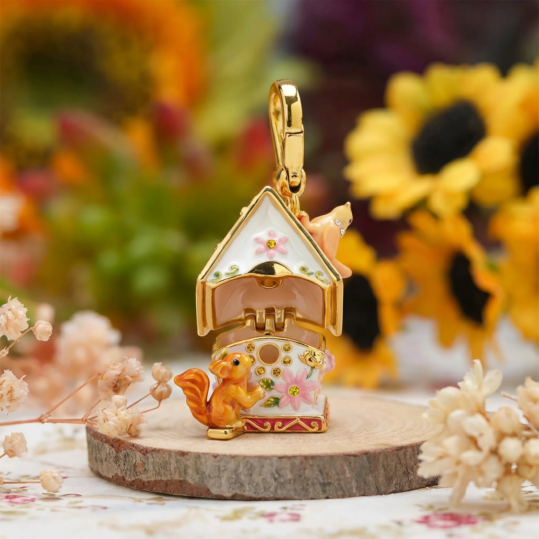 

Juicy Grape Enamel House Charms Necklace with Squirrel Pendant 18K Gold Plated Sweater Chain Keyring - Birthday Christmas Gift