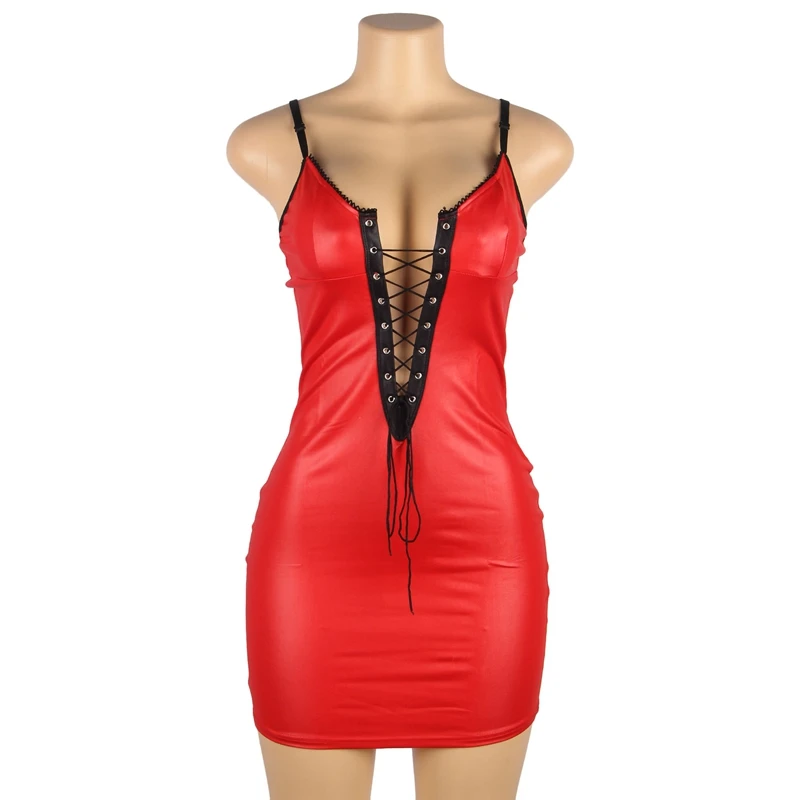 Plus Size Faux Leather Night Dress Women Nightie Lingerie Nightdress Bodycon Sleeveless Strap Sexy Club Vestido Red Fairy Dress