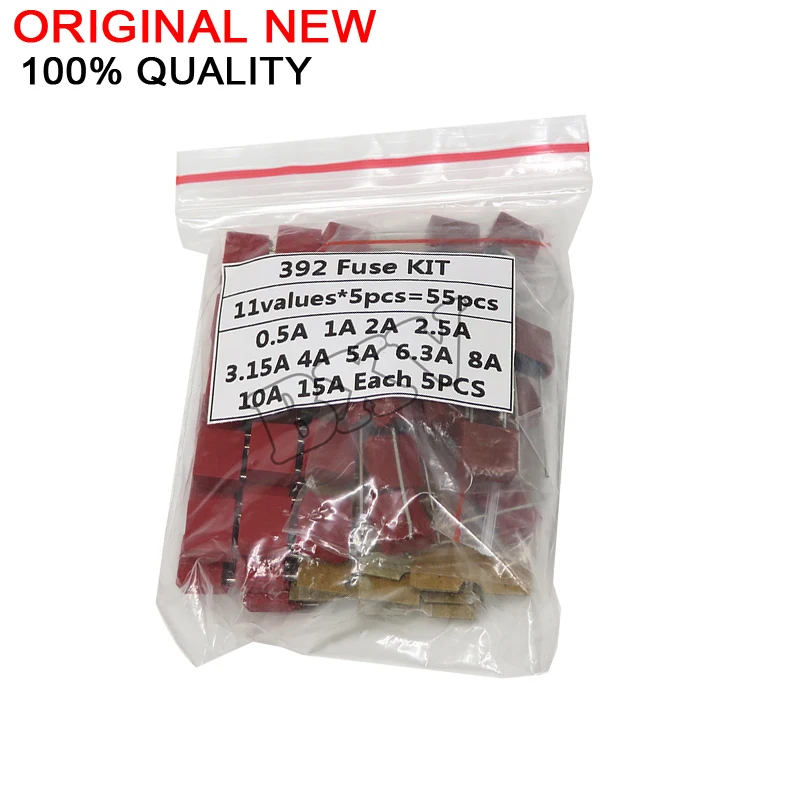55PCS/Set 392 Square Plastic Fuse Assortment Kit 1A 0.5A 2A 2.5A 3.15A 4A 5A 6.3A 8A 10A 15A 250V Fuses Slow Blow Tube Fuse Set 