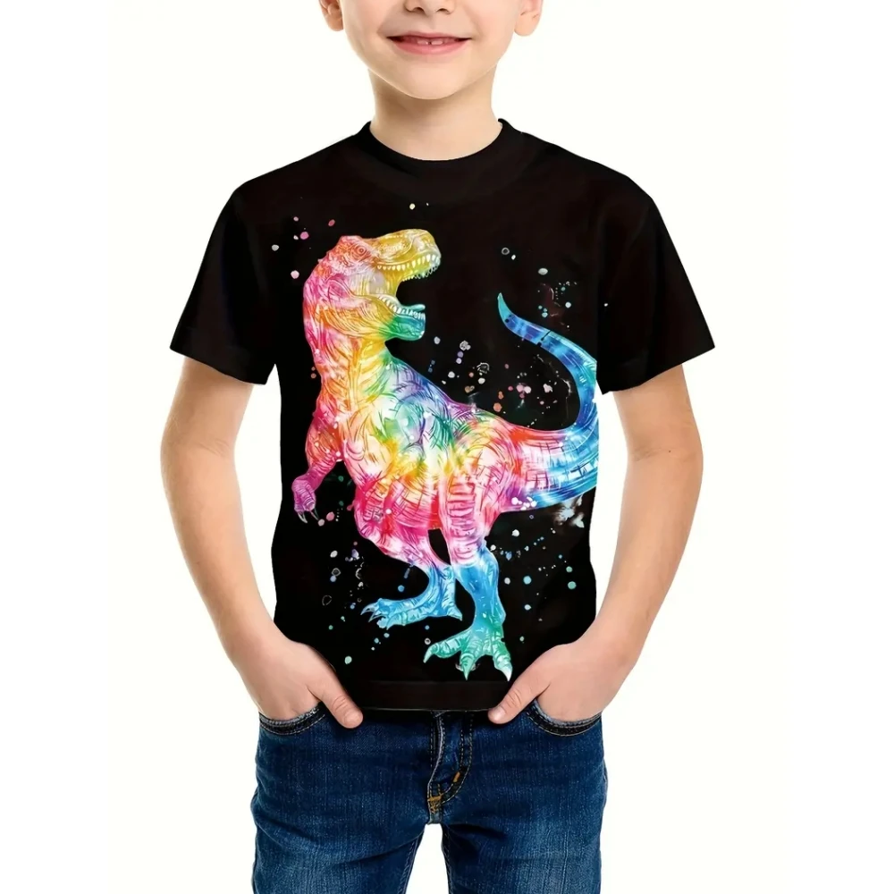 Fashion New 3D Printed Cartoon Dinosaur Graphic T-shirt Summer Breathable Round Neck Short Sleeved T-op for Boys and Girls
