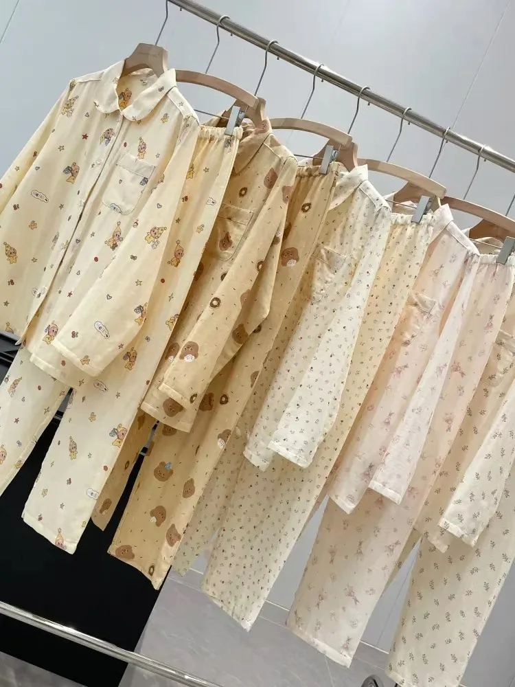 Soft Weave Pure Cotton Sleepwear Set with Doll Collar Long Sleeve Home Clothes for Women Comfortable Breathable Spring Autumn