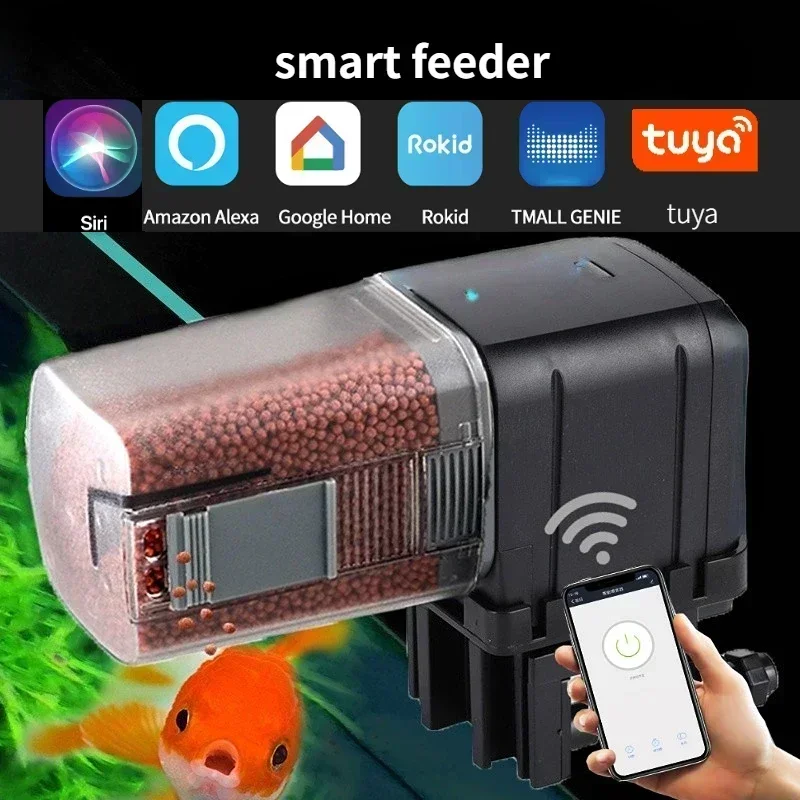 Alimentador automático para pecera de Acuario, temporizador/Wifi inalámbrico, aplicación de teléfono inteligente, altavoz inteligente, Control