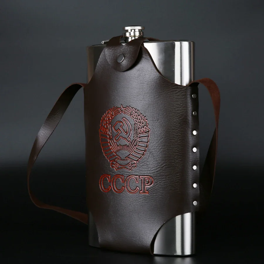 Large Capacity Leather Thickening 304 Stainless Steel Proof Kettle Pot Hip Flask Whiskey Wine Bottle Gifts CCCP for Alcoho