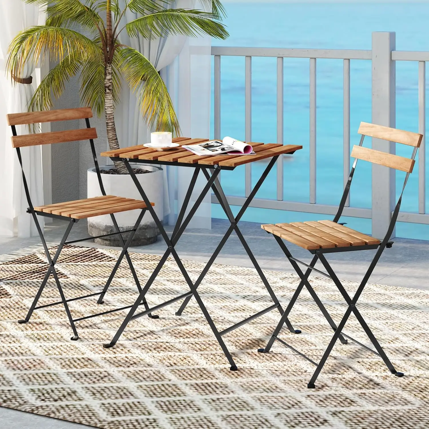 طقم بيسترو من خشب السنط مكون من 3 قطع، طاولة بيسترو للفناء مع كرسيين قابلين للطي، مقعد شرائحي وطاولة، إطار معدني، أثاث خارجي #5