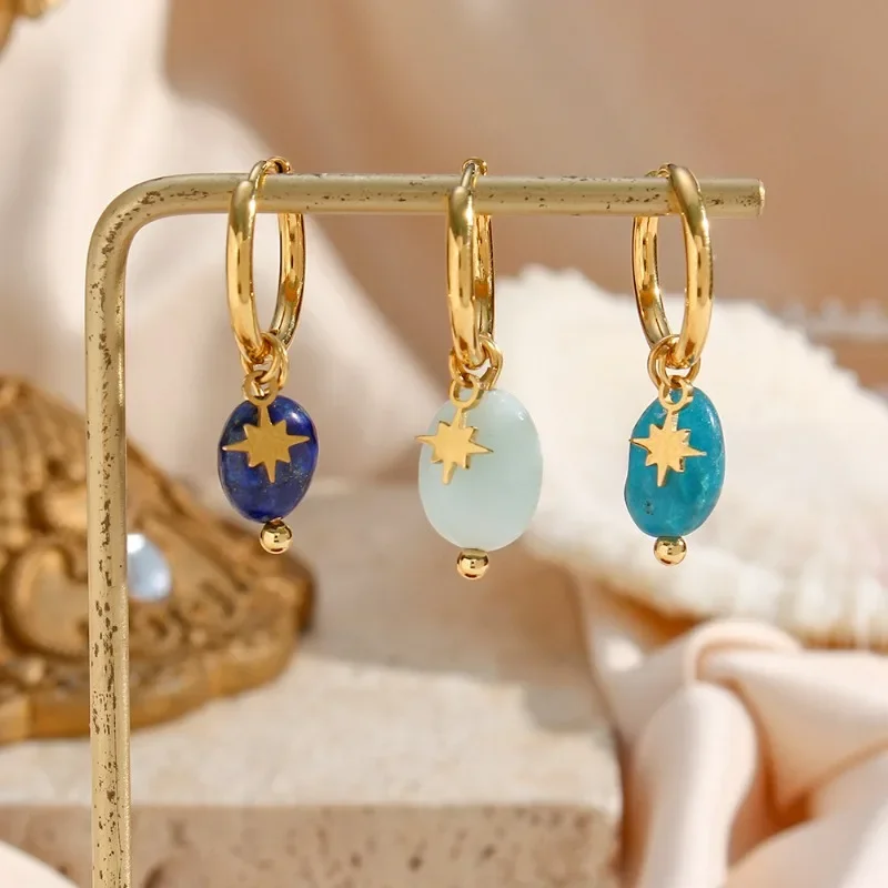 European and American style octagonal star natural stone earrings,  Niche design sense, Stainless steel 18K gold-plated earrings