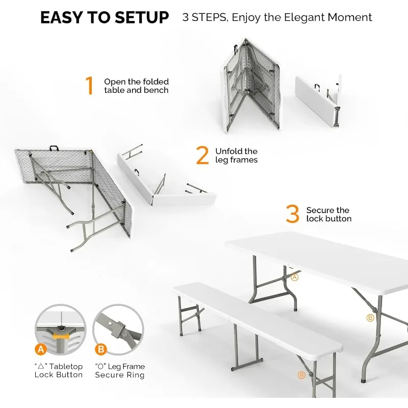 Mesa de piquenique com 2 bancos, 6 pés Camping Mesa e cadeira Set, 3 peças de mobiliário dobrável, branco