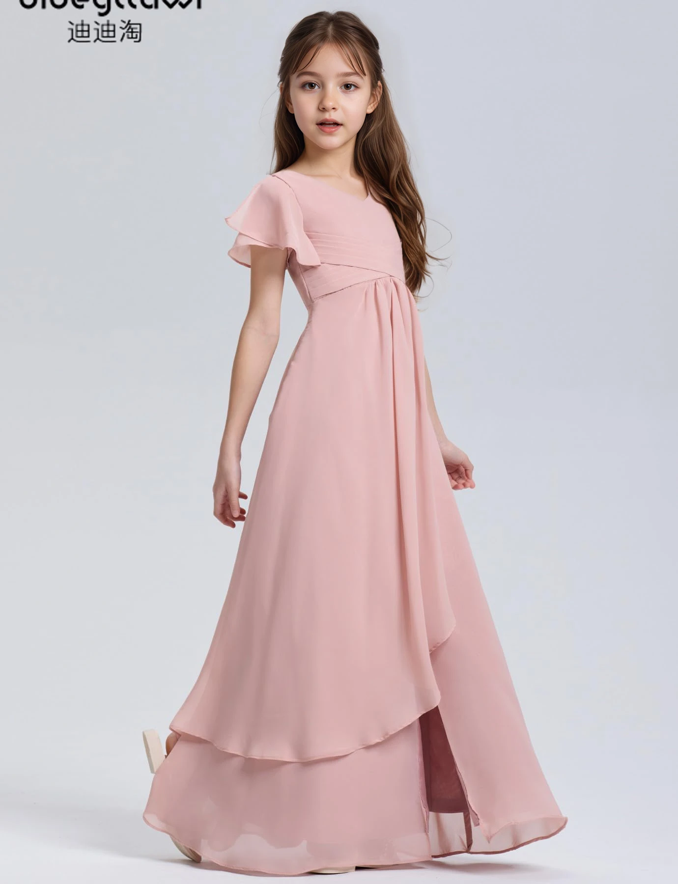 

Dideyttawl Customized Girls V Neck Ruffle Sleeves High Waist Asymmetrical Hem Chiffon Dress Side Slit Back Zipper Floor Length