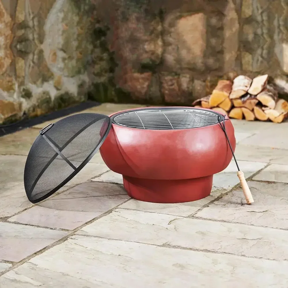 Maroon 20.07 Round Outdoor Wood-Burning Fire Pit with Concrete Base, Spark Screen, Stainless Steel Grill Grate, Removable Fire B