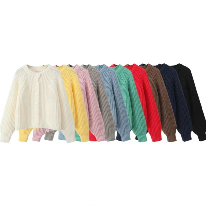 

2025 Fashion Loose Casual Autumn And Winter Sweater Round Neck Button Puff Sleeve Knitted Cardigan Sweater Jacket