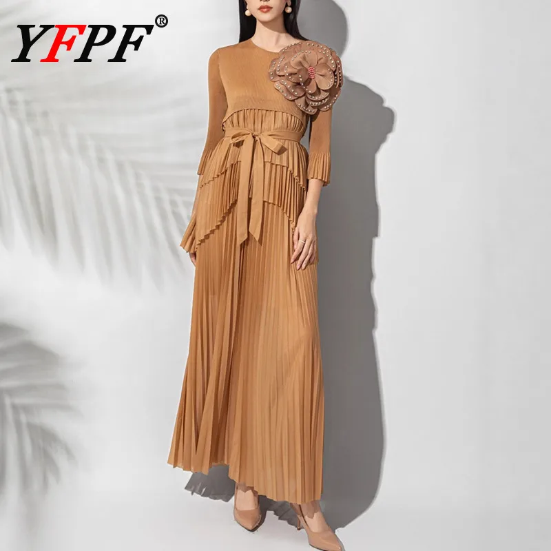 

YFPF 2026 Miyake плиссированное длинное платье женское с 3D цветочным узором и оборками на шнуровке со сборками Wiast вечерние платья элегантное новое