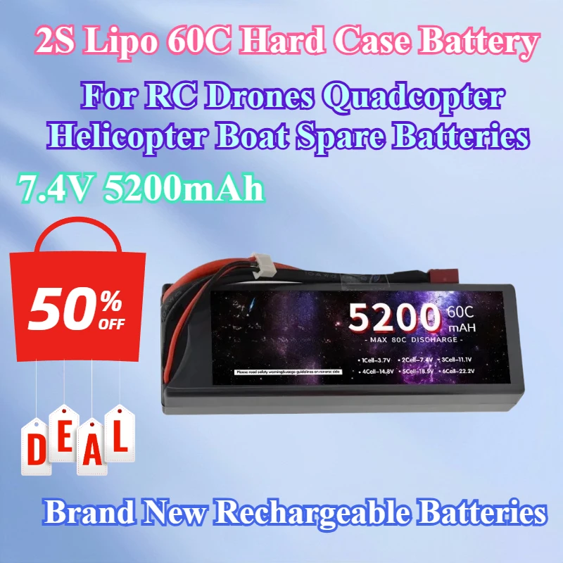 

Brand New 7.4V 5200mAh For 2S Lipo 60C Hard Case Battery T Deans XT60 TRX XT90 KEP-2P Car FPV Airplane Truck RC Toys Spare Parts