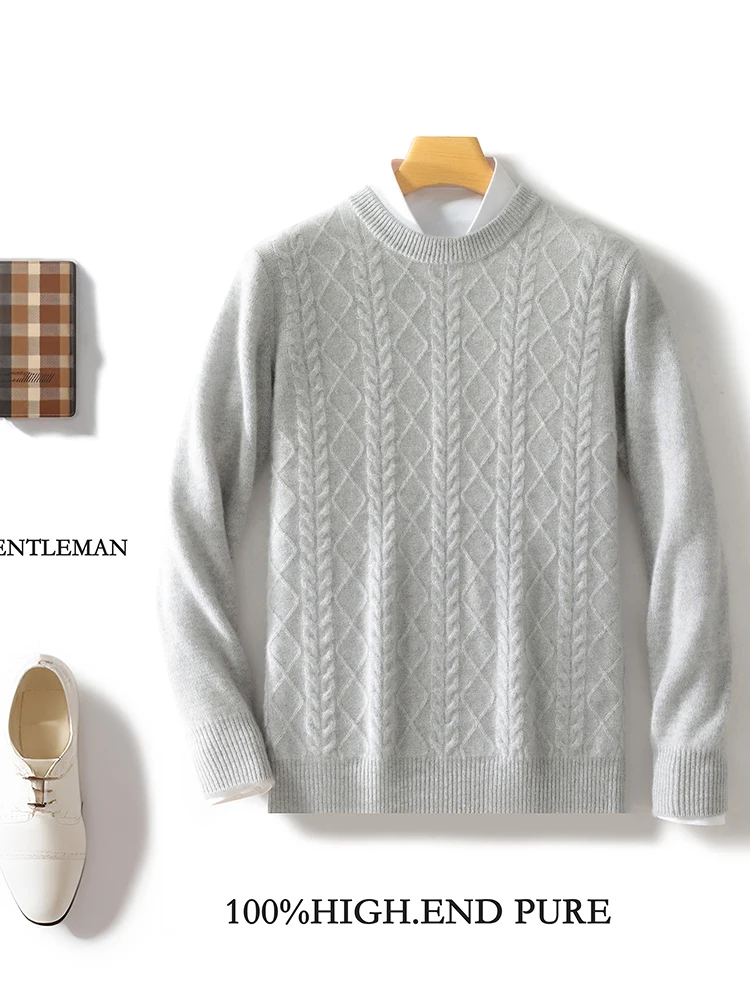 100% Merino Wool Men's Round Neck Twisted Pattern Pullover Basic Style Autumn Winter Casual Fashionable Cashmere Knitted Sweater