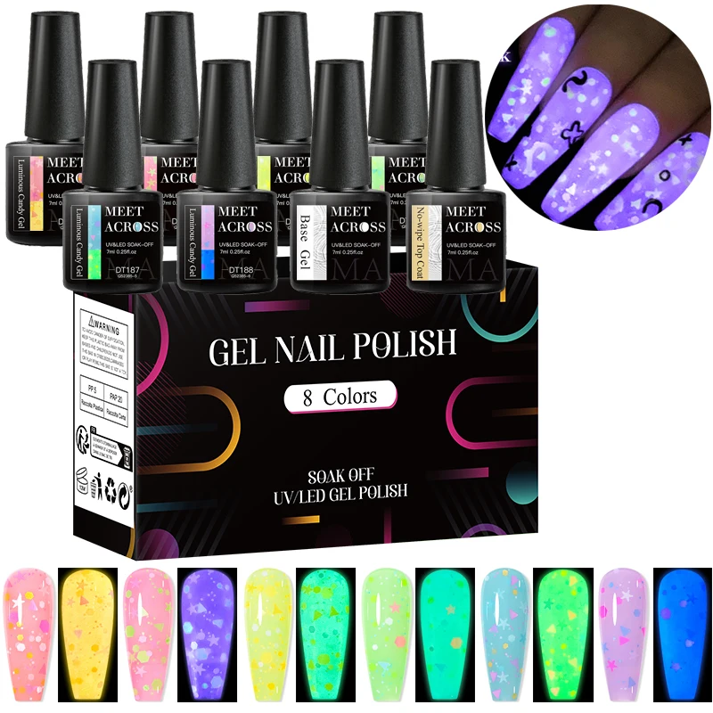 MEET ACROSS 8Pcs/Set Glow In Dark Gel Nail Polish Glitter Luminous Fluorescent Gel Vernis Semi Permanent Nail Art UV LED Varnish