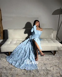 Aileen Eid Dress Sky Blue 3D Flowers Shawl Long Luxury Evening Dresses Party Women Women's Suitable Request Formal Wedding Bride