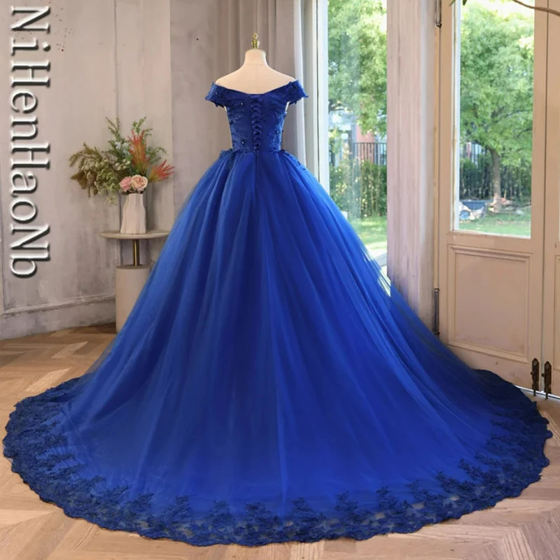 Sommer neue blaue Quince anera Kleider Luxus schulter frei Party kleid elegante Blume Ballkleid klassische Spitze Ballkleid plus Größe