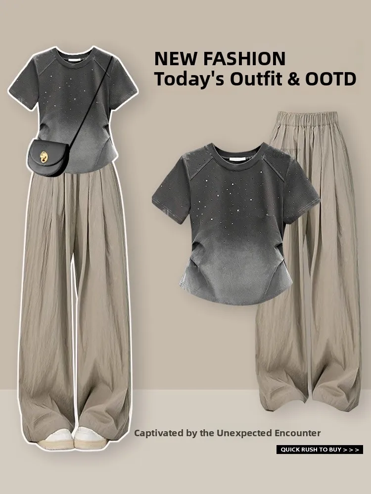 

Летний повседневный женский комплект, дизайнерская футболка Sensation adient round Ne ort Sve, одинаковые тонкие широкие брюки Lazy Sle...