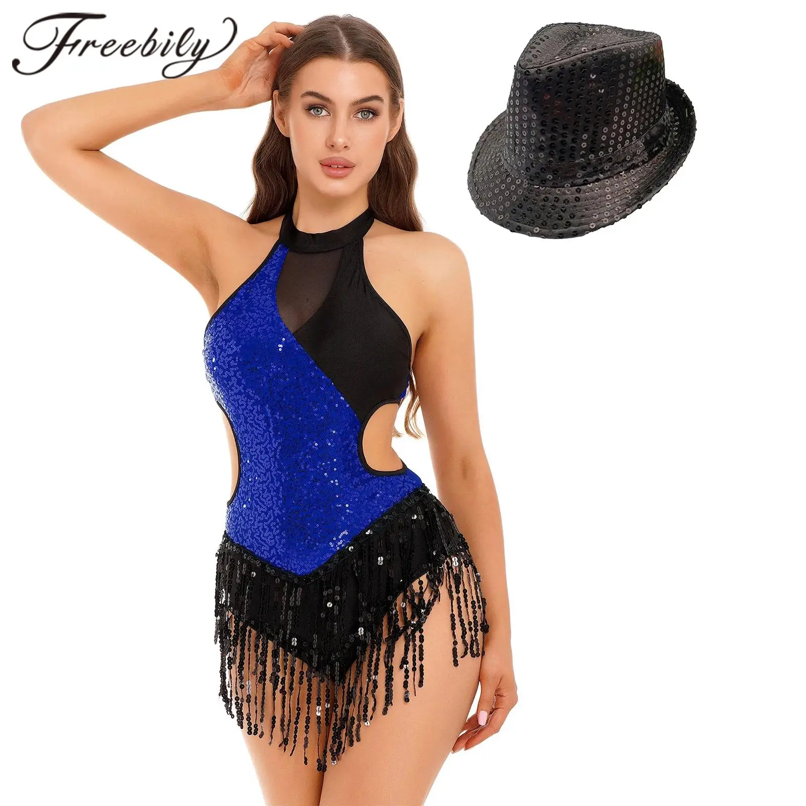 Womens Sleeveless Latin Dance Tassel Bodysuit Patchwork Sparkling Sequin Fringed Leotard with Hat Cha-Cha Performance Costume