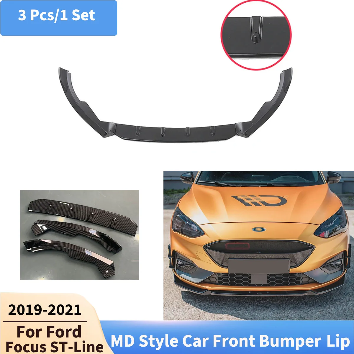 

3 шт. для Ford Focus ST-line 2019-2021, автомобильный передний бампер, разделитель губ, аксессуары для передних лезвий, модифицированные комплекты тюнинга MD Syle