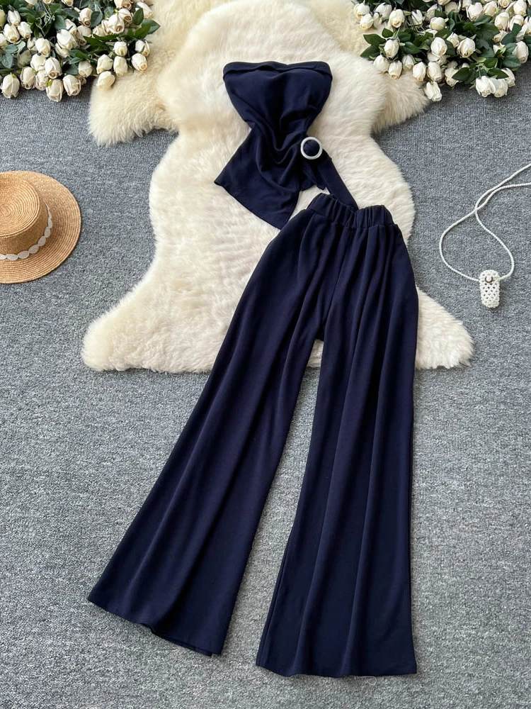 

Летний повседневный женский модный комплект с высокой талией, широкие брюки, прямые брюки-трубы, дизайн со сложенной талией, чистое желание