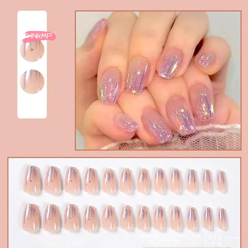 24Pcs Short Square Shape Glitter Crush Press-On Nails with Mirror Powder Accents Dazzling Fragmented Design for Quick