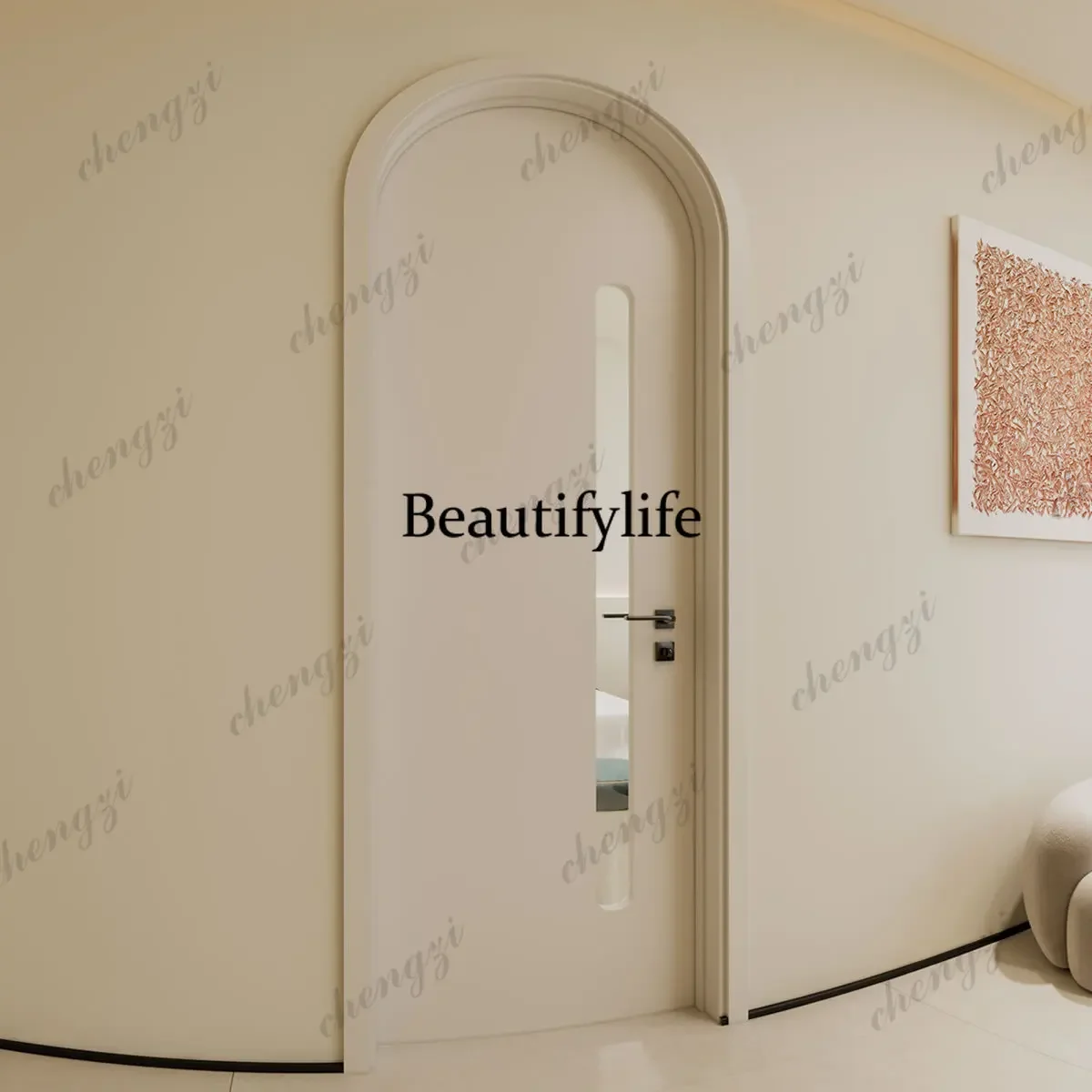 Y136 Customization Modern Single Arched Solid Wood Door, Creamy Vintage French-style Door For Villas, Apartments, And Hotel Inte