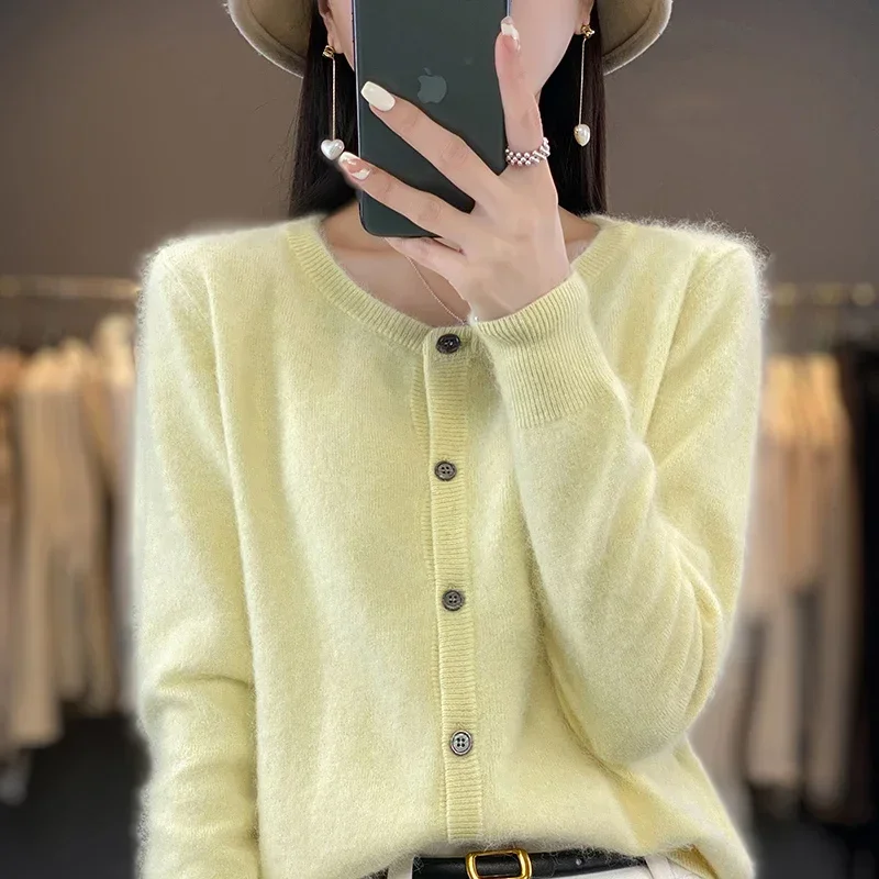 100% Mink Cashmere Knit Cardigan Sweater Women's Jacket Women's Cardigan Women's O Neck Sweater Autumn/Winter New Thick