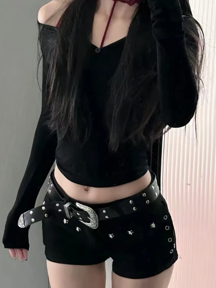 Amerikanische Retro-Nieten-Gürtel-Shorts für Damen, Sommermode, Persönlichkeit, niedrige Taille, Jeans, 2022, neuer Gürtel, Streetwear, sexy Y2k-Hot-Shorts