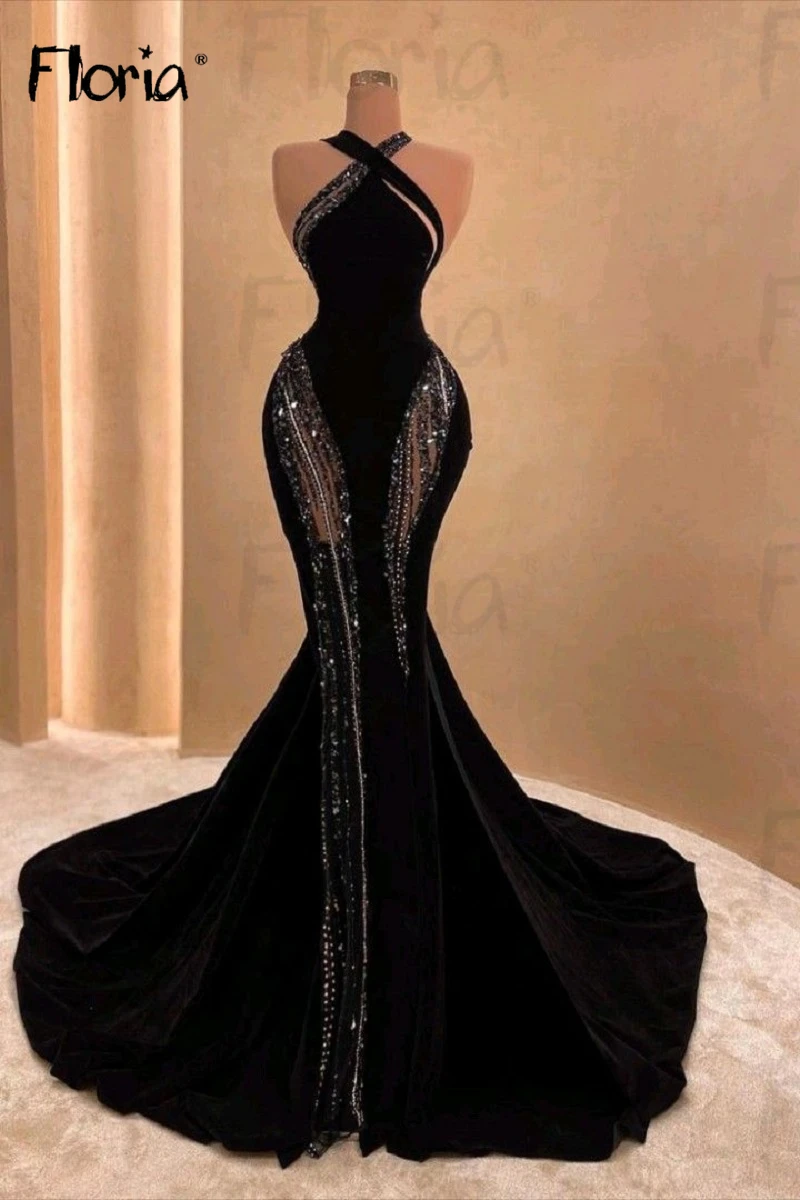 

Floria Backless Halter Velour Party Dress Hollow Out Black Formal Celebrity Dresses 2024 Dinner Event Gowns Robe Soirée Female