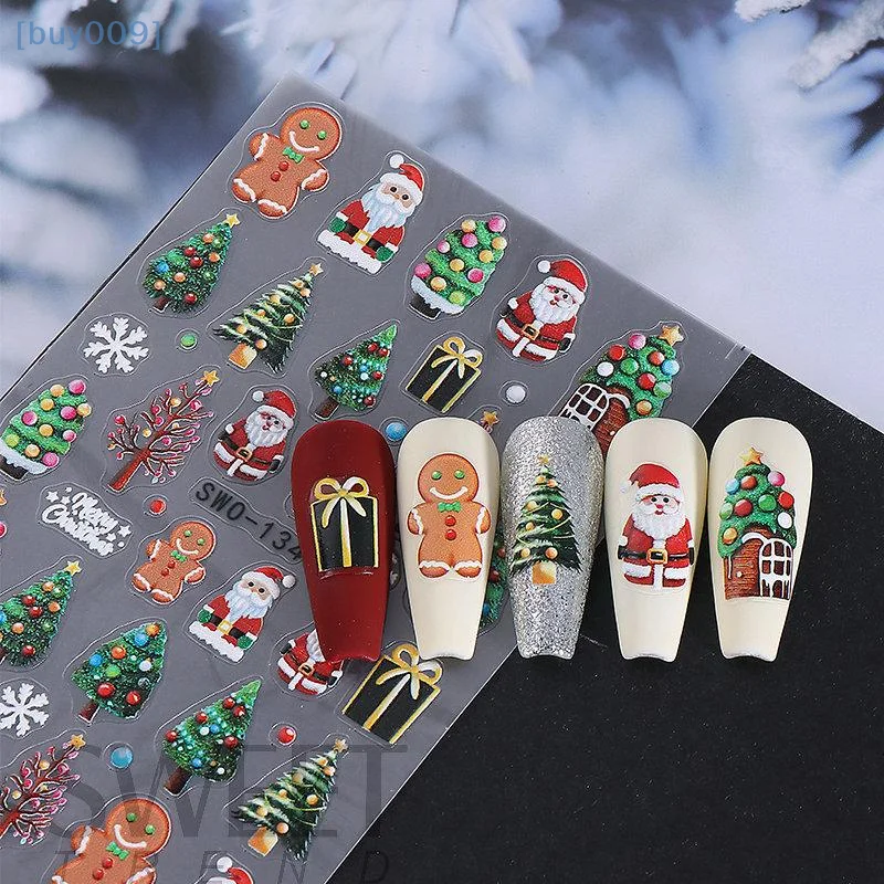 【buy009】1 pçs 5d homem de gengibre floco de neve adesivos de unhas natal pinheiro bolo auto-adesivo decalque de unhas inverno diy suprimentos