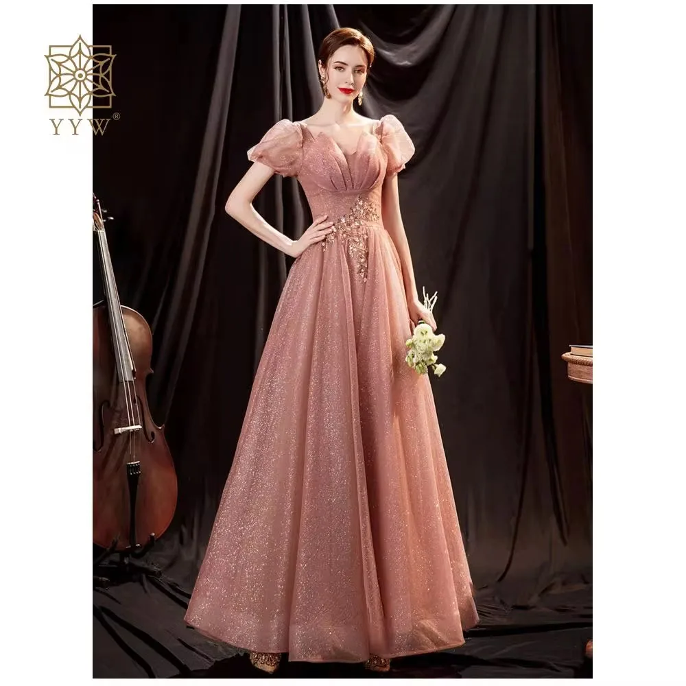 Formal Prom Gown Chic Rose Pink Luxury Evening Dress For Women Wedding Party Long Arabic Flower Embroidery Puff Sleeve Ball Gown