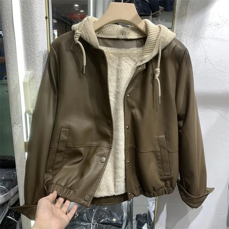 

Women's Fleece-lined Leather jacket Coat Hooded Short Top Autumn/Winter New Lambswool Lining Parka jackets for women