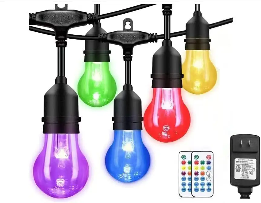 

96FT RGB Outdoor String Lights, Dimmable Color Changing Waterproof LED Patio Lights with Remote & E26 Shatterproof Edison Bulbs for Bistro Backyard Garden Party Decor