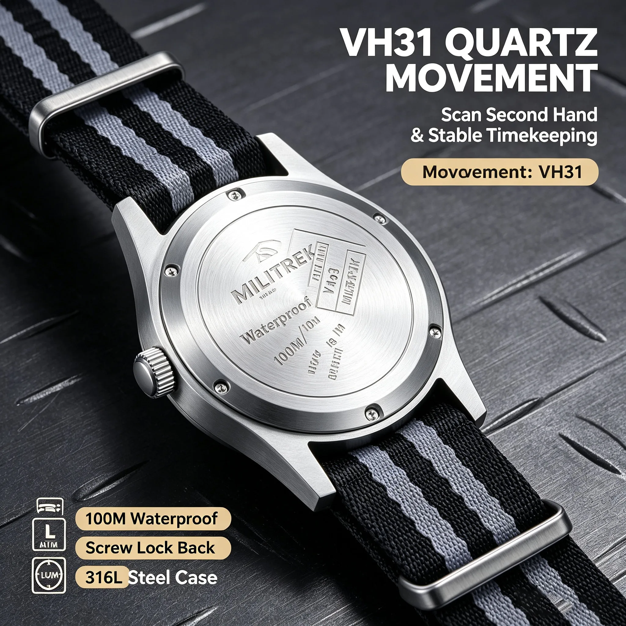 MILITREK Vintage Military Watch For Men VH31 Quartz 10ATM Waterproof Sapphire AR Glass Green Luminous Nylon NATO Strap Watch