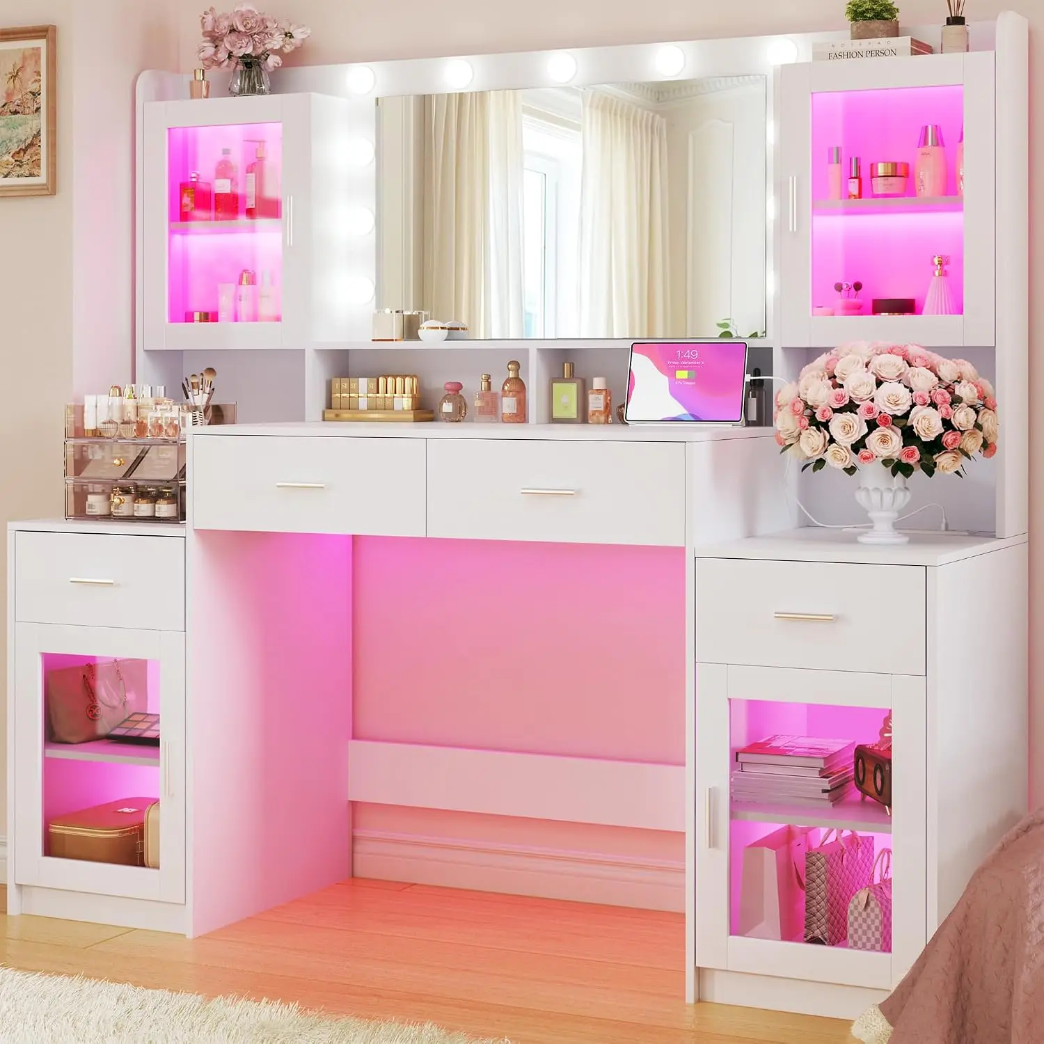 Large Vanity Desk with Mirror & Lights,White Vanity Set with LED Lights and Power Outlet, Customized