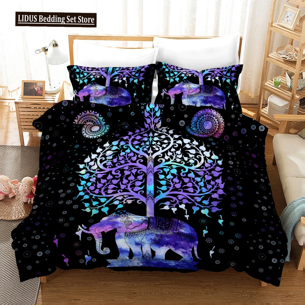 Bohemian Elephant Duvet Cover Set Boho Tribal Exotic Polyester Comforter Cover For Men Women Kids 3D Elephant Life Tree Printed