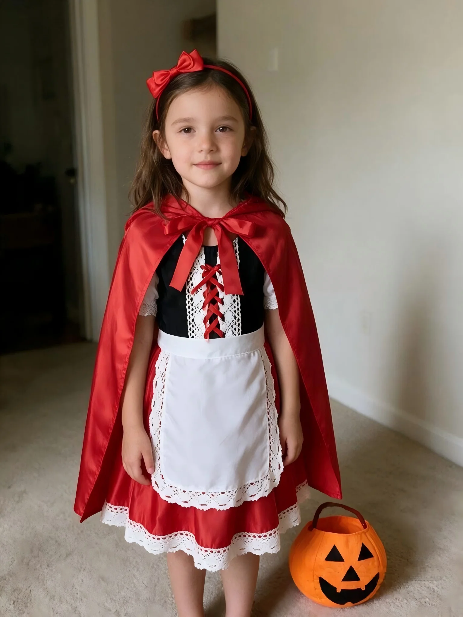 Children Fairytale Themed Cosplay Outfit Girl Red Cloak Apron Dress With Hair Hoop Necklace For Holiday Masquerade Stage Show