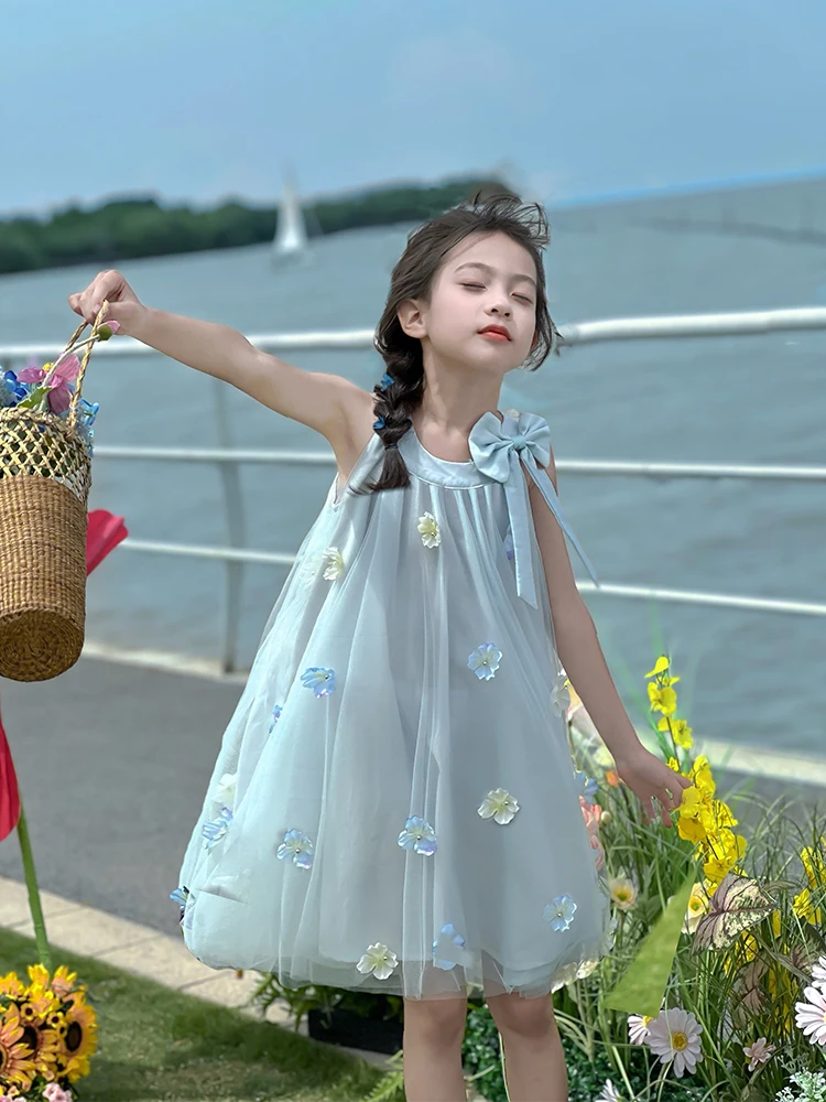 

Princ Dr Girls Summer Clothes Floral Vest Skirt Nylon Fabric A-Line Midi Skirt No Sve round Ne Daily Wear