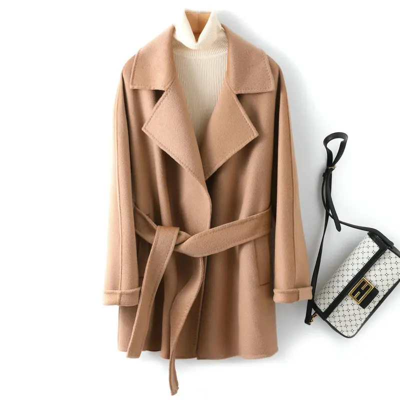 

100% Wool Autumn Turn Down Collar Women Woolen Coat With Belt Wool Coat Tops For Women Casaco Feminino